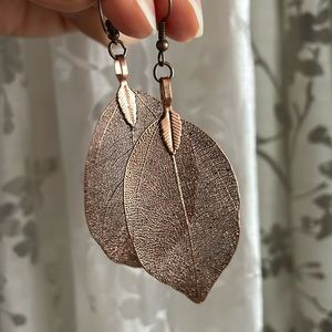 Copper Skeletal Leaf Metal Earrings
